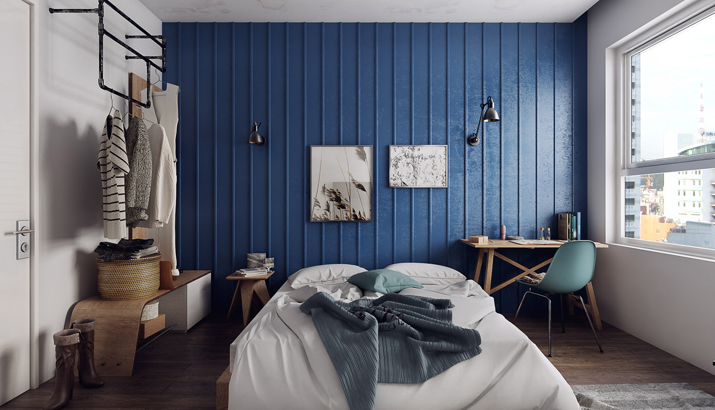 北欧风格,80平米装修,公寓装修,10-15万装修,卧室背景墙,蓝色