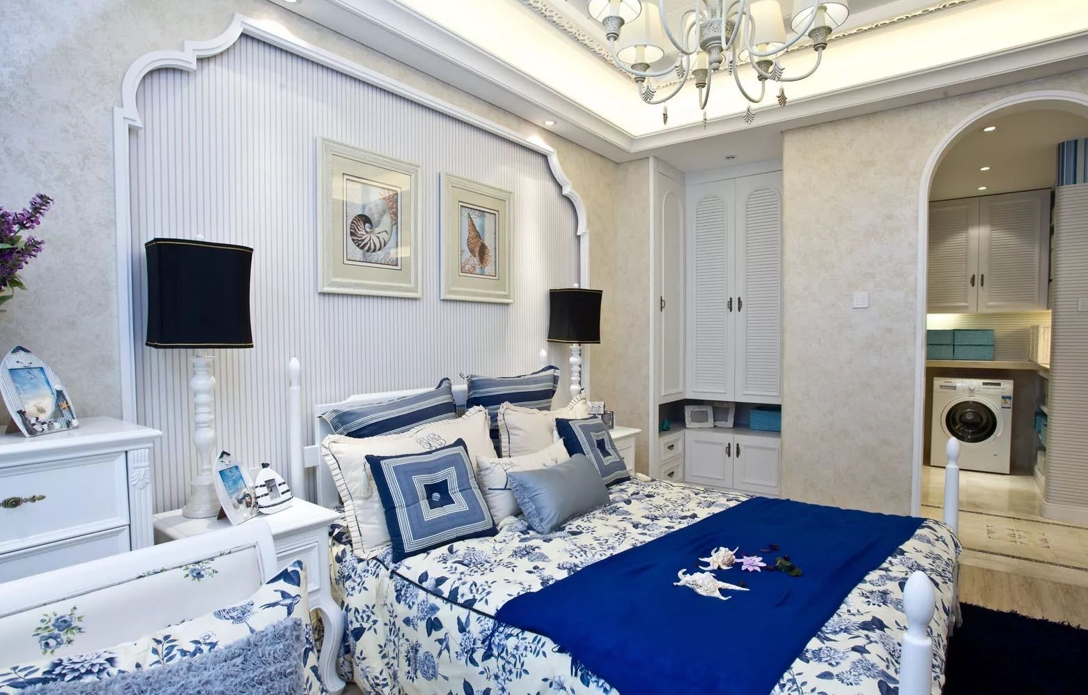 10-15万装修,三居室装修,地中海风格,120平米装修,床上用品,蓝色