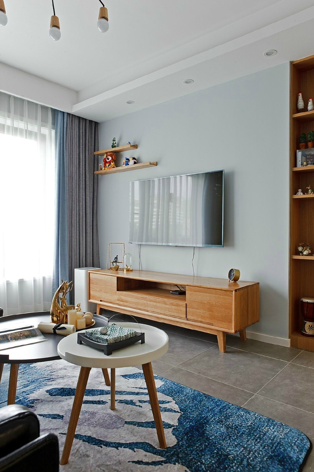 二居室装修,70平米装修,北欧风格,5-10万装修,客厅,电视柜,蓝色