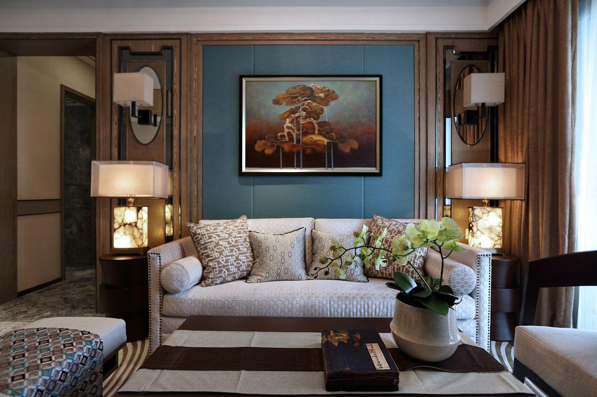 三居室装修,120平米装修,15-20万装修,中式风格,客厅,蓝色
