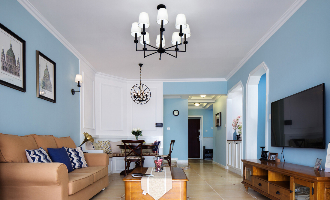 100平米装修,三居室装修,5-10万装修,美式风格,蓝色