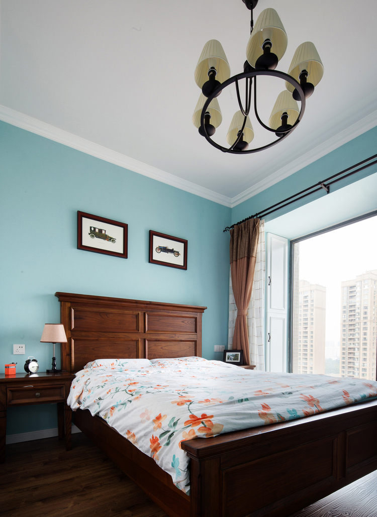 100平米装修,三居室装修,5-10万装修,美式风格,卧室背景墙,蓝色