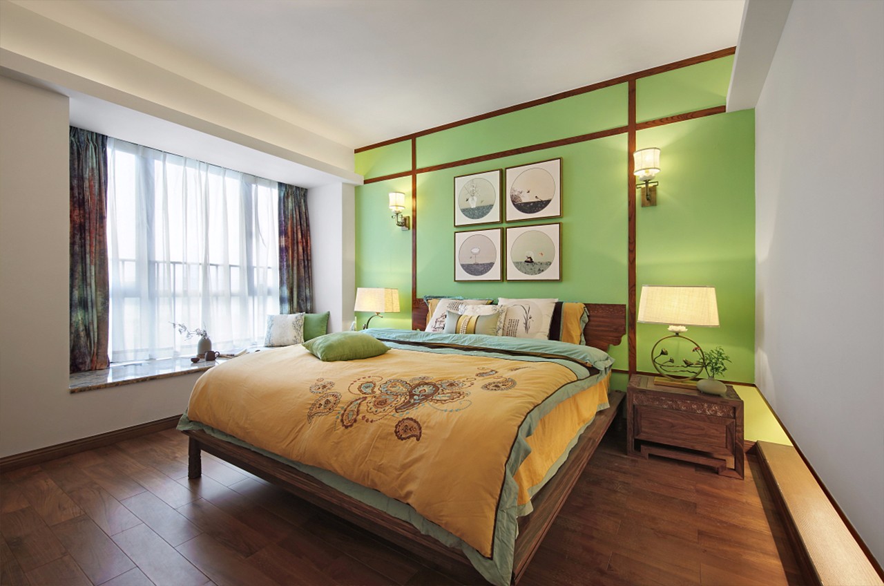 四房装修,20万以上装修,140平米以上装修,中式风格,卧室背景墙,绿色