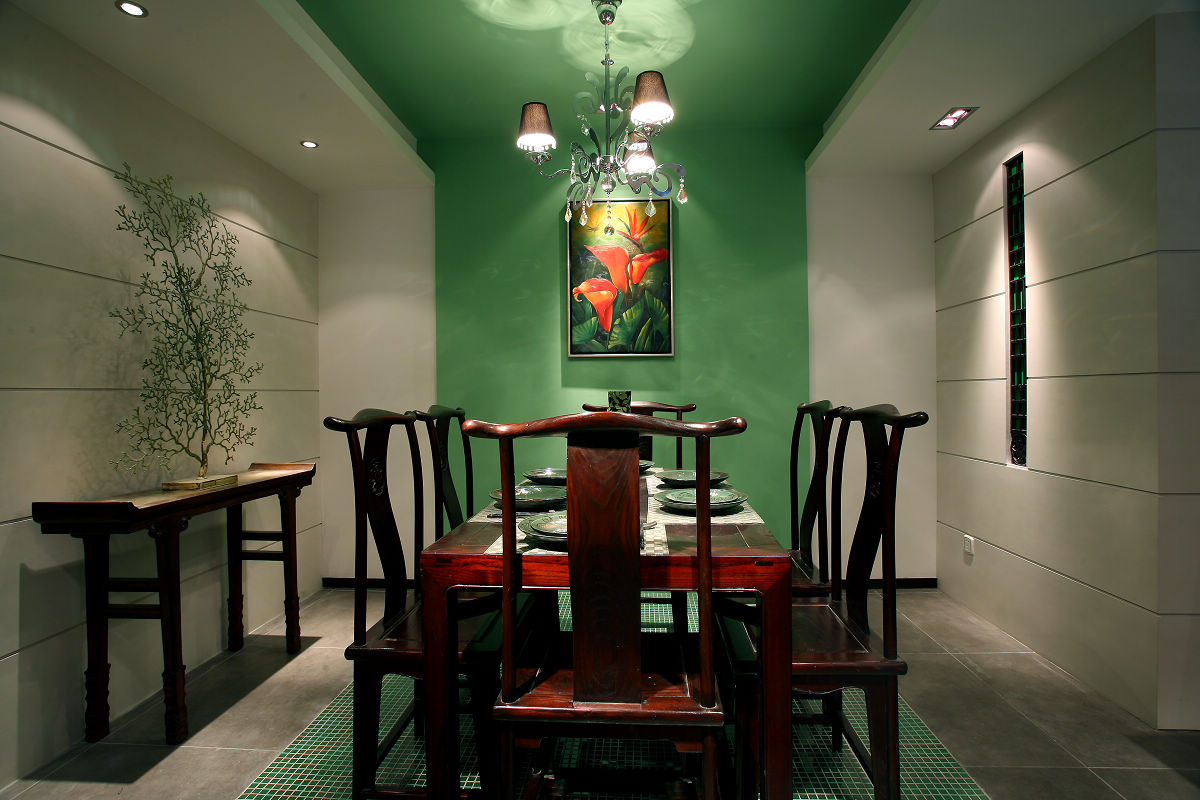 中式风格,15-20万装修,三居室装修,120平米装修,餐厅背景墙,绿色