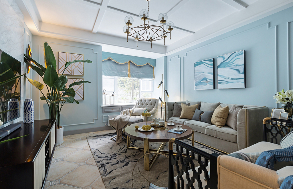 三居室装修,15-20万装修,110平米装修,美式风格,沙发背景墙,蓝色
