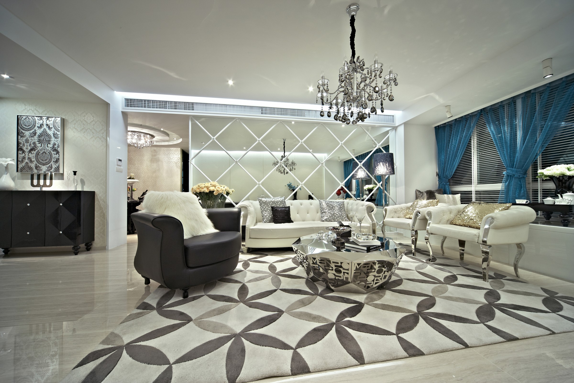 新古典风格,20万以上装修,三居室装修,130平米装修,沙发背景墙,地毯,白色