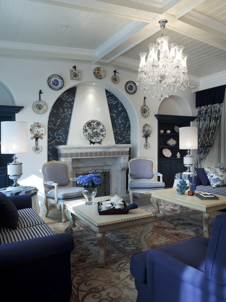 别墅装修,140平米以上装修,地中海风格,20万以上装修,蓝色,壁炉