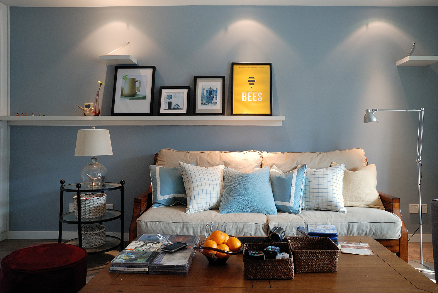 二居室装修,100平米装修,5-10万装修,美式风格,客厅,沙发,蓝色