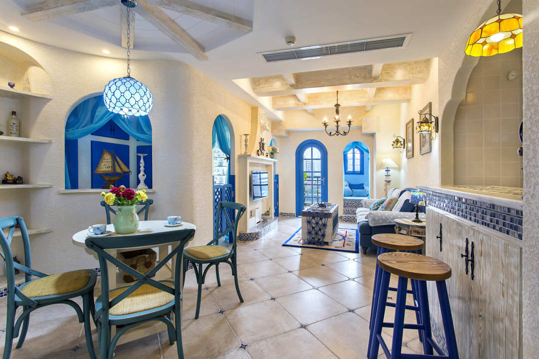 二居室装修,60平米装修,地中海风格,10-15万装修,餐厅,吧台,蓝色