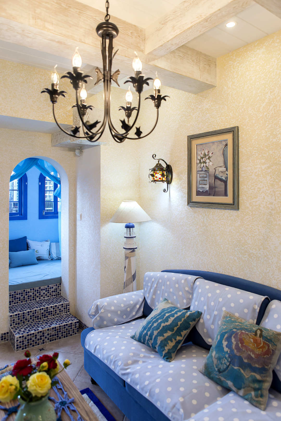 二居室装修,60平米装修,地中海风格,10-15万装修,灯具,沙发,客厅,蓝色