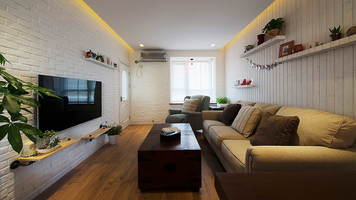 70平米装修,二居室装修,5-10万装修,混搭风格,电视背景墙,沙发,白色