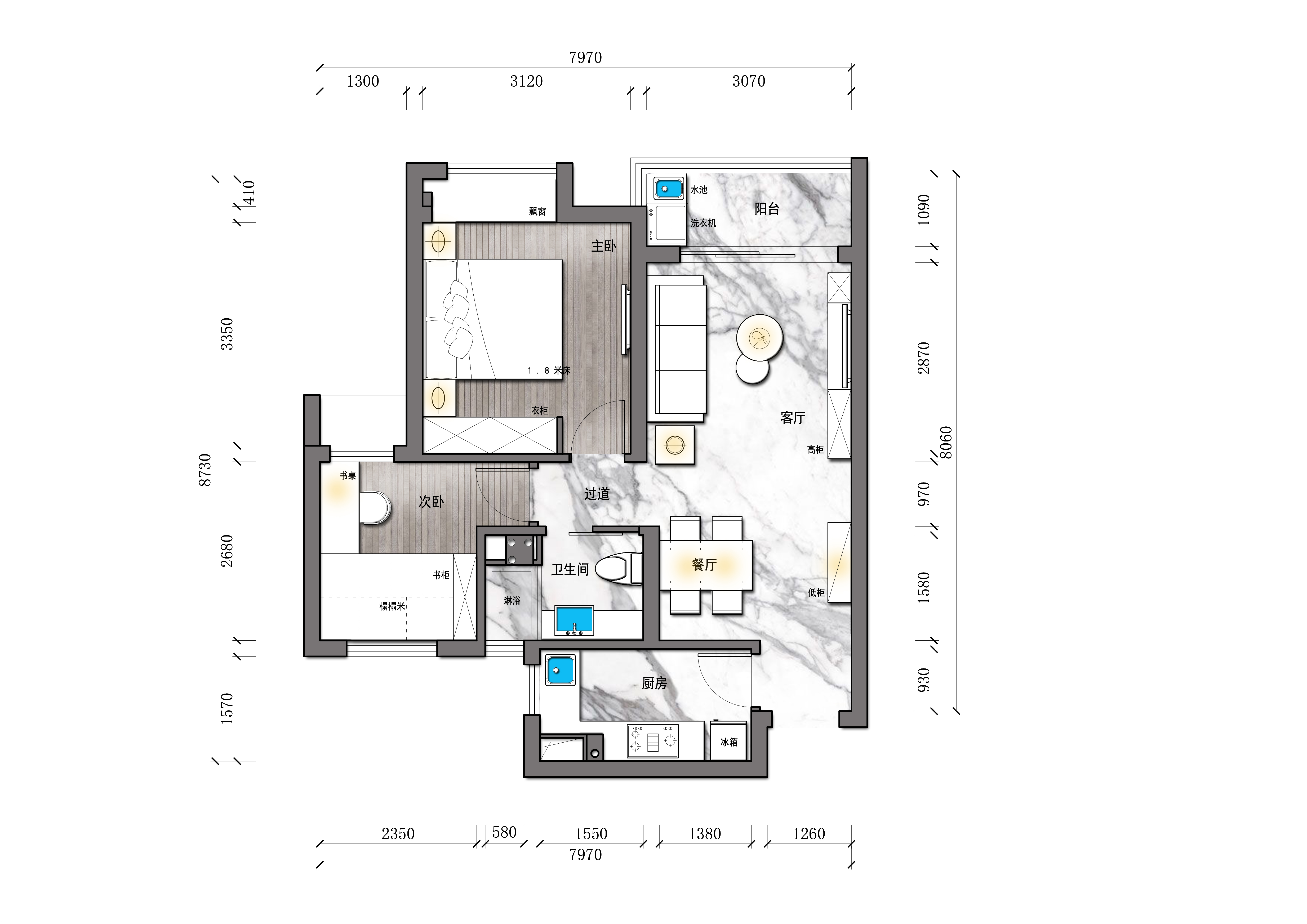 全屋户型图3d实景两房户型北欧风格75㎡