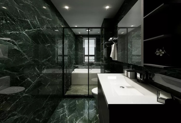 卫生间以黑色调为主,大理石纹瓷砖,更显高级