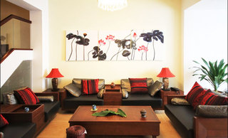 中式风格艺术客厅沙发背景墙装修图片