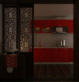 新中式风格时尚红色厨房橱柜图片