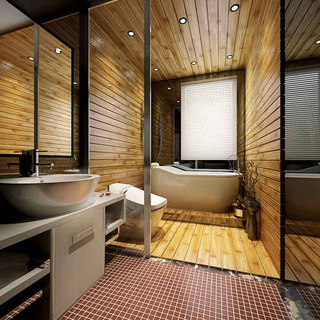 中式风格原木色卫生间浴缸效果图