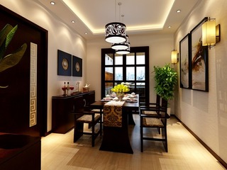中式风格暖色调餐厅餐桌效果图
