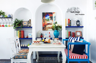 地中海风格两室一厅浪漫蓝色餐桌效果图