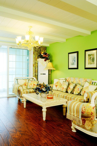美式风格绿色沙发背景墙装修图片
