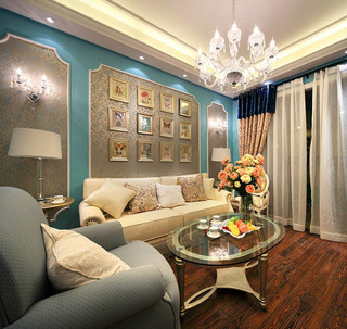 新古典风格三居室蓝色100平米客厅沙发沙发背景墙设计图
