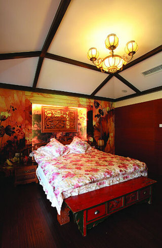 中式风格稳重卧室背景墙装修效果图