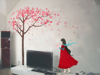 红色白色电视背景墙手绘墙效果图