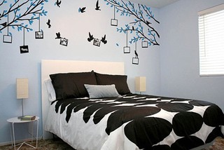 蓝色卧室手绘墙效果图