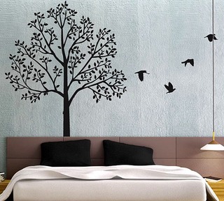 蓝色小树卧室手绘墙效果图