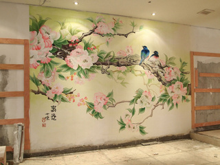 唯美温馨中式手绘墙效果图