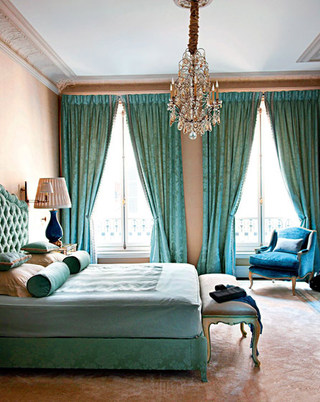 奢华法式新古典卧室 绿色窗帘效果图