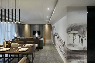 新中式客厅餐厅靠墙过道装修效果图