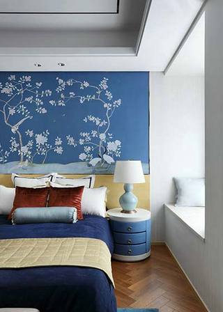 蓝色新古典卧室背景墙图片