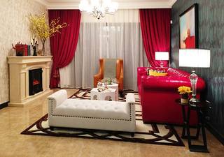 复古简欧风客厅玫红色窗帘设计