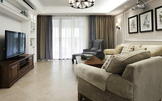 现代美式风格三居室客厅遮光窗帘图片