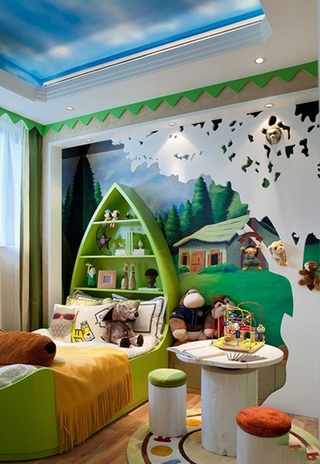 清新童话美式儿童房背景墙欣赏