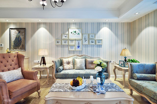 优雅蓝调美式客厅装饰图