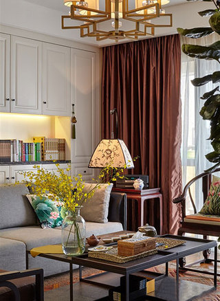 古典中式客厅 咖色系窗帘设计图