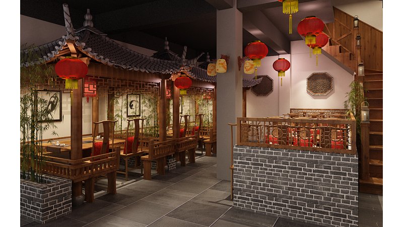 中式别墅装修效果图,观前"锦府"火锅店装修案例效果图-齐家装修网
