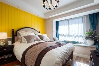 乡村简美式卧室 柠檬黄背景墙设计