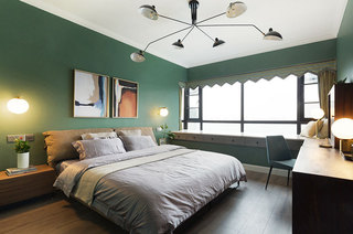 简约北欧风情卧室 深绿色背景墙设计