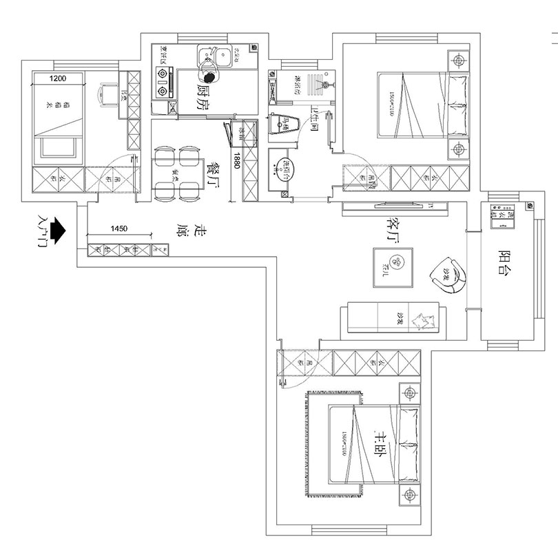 民安北郡90平3室2厅现代简约装修效果图——户型布局方案