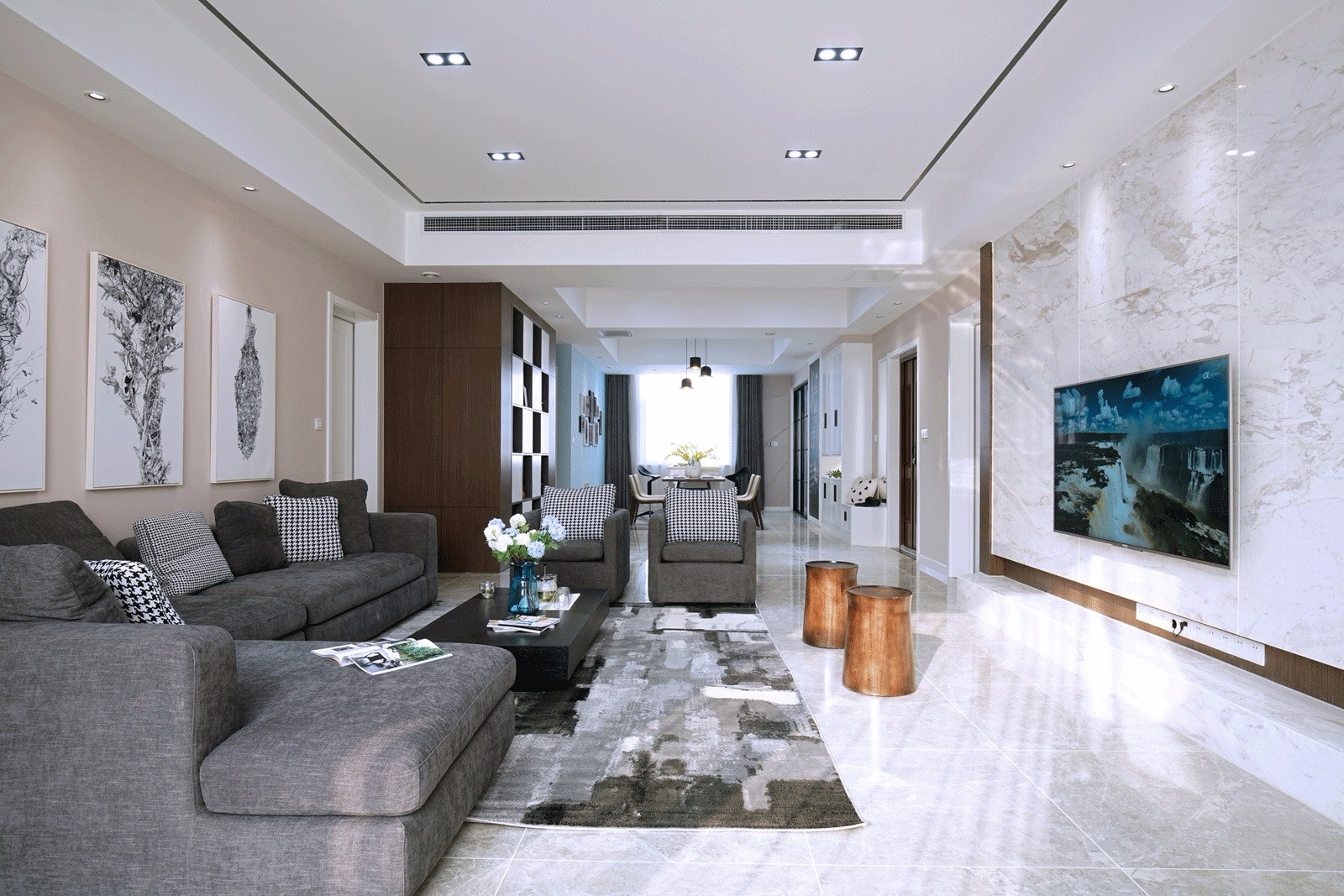 140平米以上装修,15-20万装修,三居室装修,客厅,现代简约风格,沙发,电视背景墙