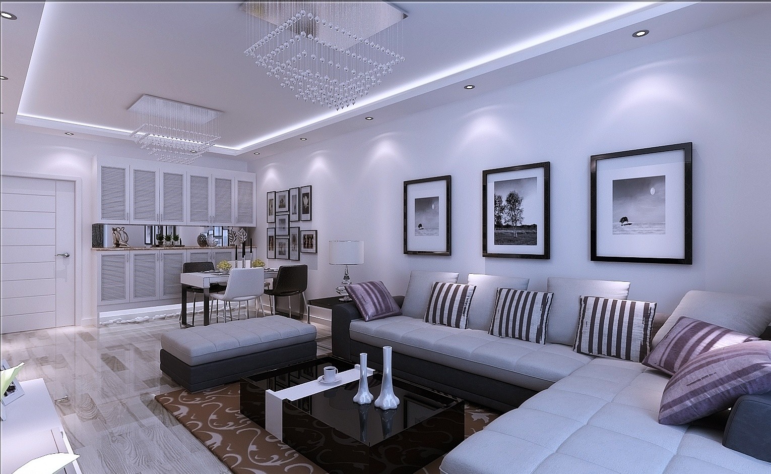 三居室装修,120平米装修,15-20万装修,现代简约风格,沙发,装饰画,客厅,白色