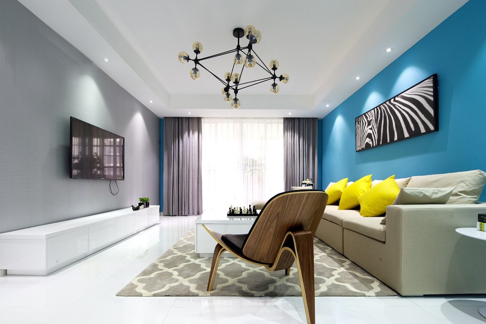 三居室装修,130平米装修,15-20万装修,客厅,现代简约风格,沙发背景墙,电视背景墙,蓝色
