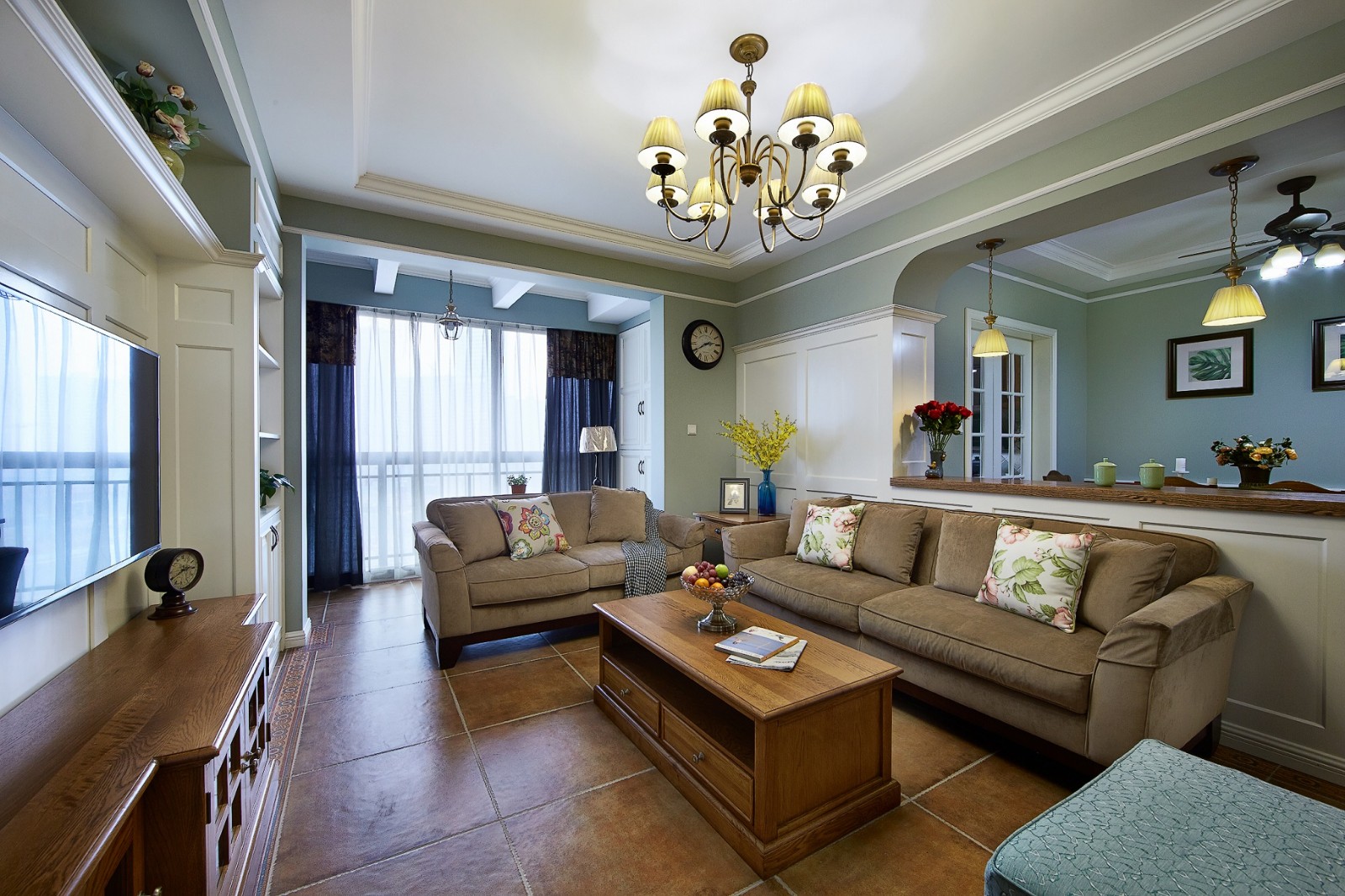 130平米装修,三居室装修,15-20万装修,客厅,美式风格,沙发,绿色