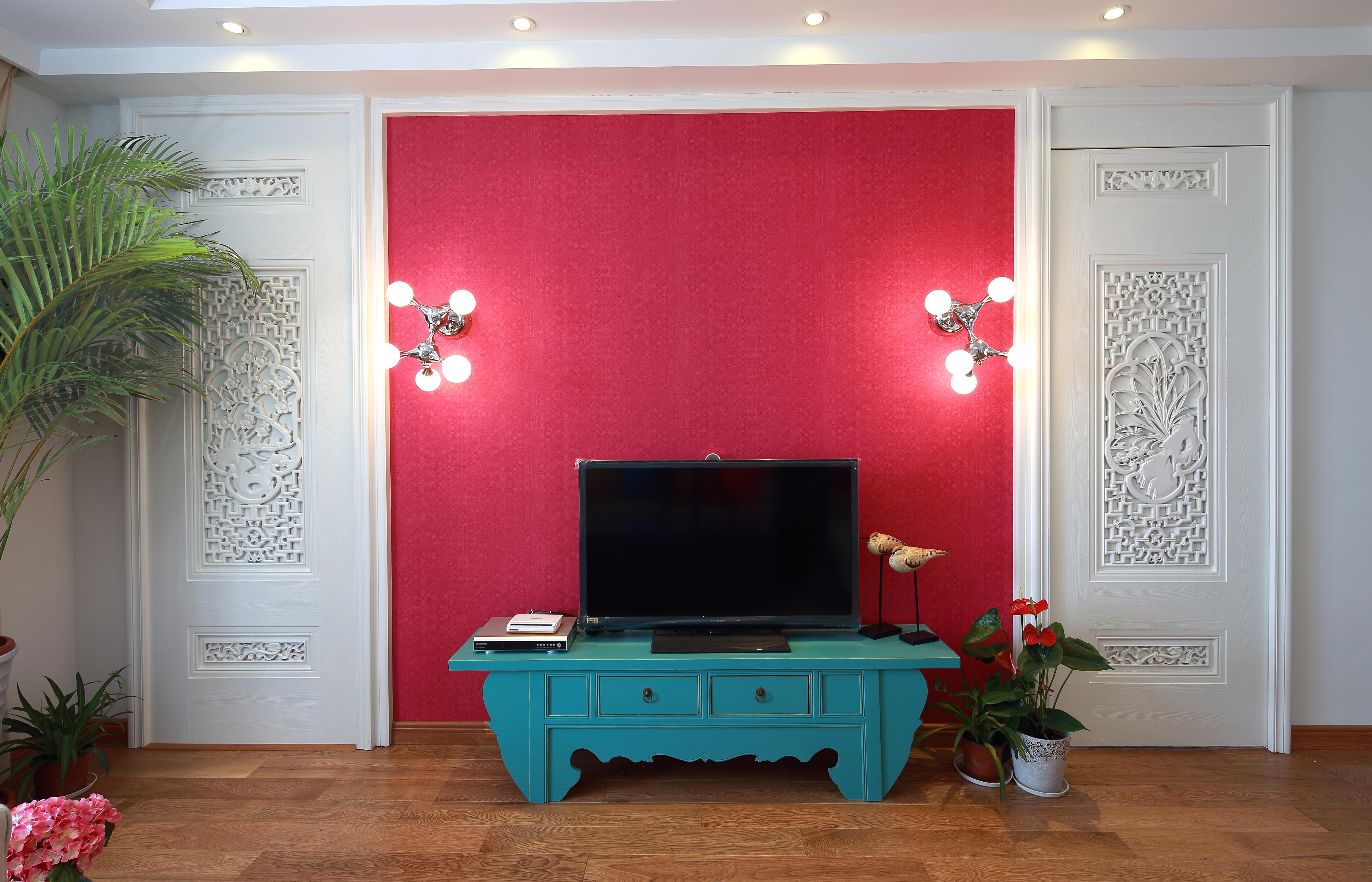 90平米装修,三居室装修,10-15万装修,中式风格,客厅,红色