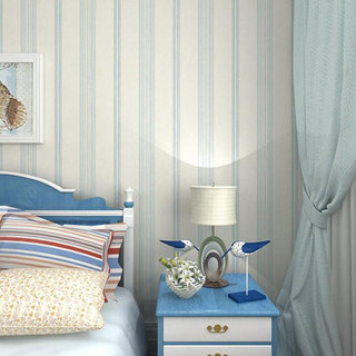 现代简约蓝色条纹卧室壁纸实景图