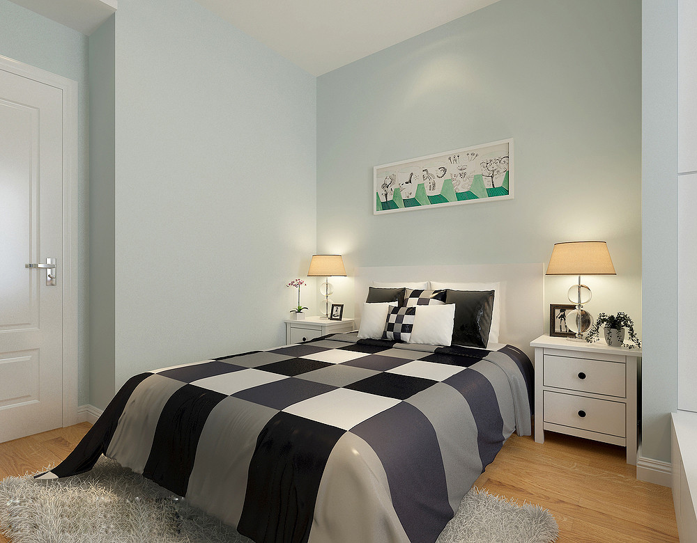 100平米装修,三居室装修,5-10万装修,卧室,简约风格,卧室背景墙,蓝色