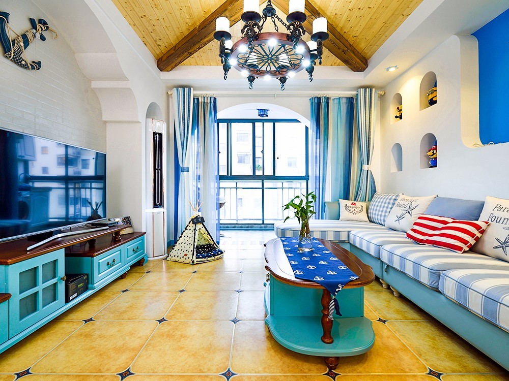 二居室装修,10-15万装修,80平米装修,客厅,地中海风格,蓝色,黄色