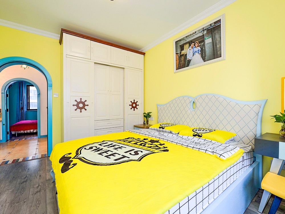 二居室装修,10-15万装修,80平米装修,卧室,地中海风格,卧室背景墙,黄色